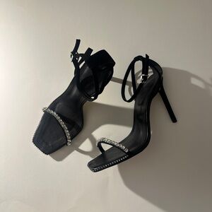 Black High Heel Sandals Embellished Crystal Straps
